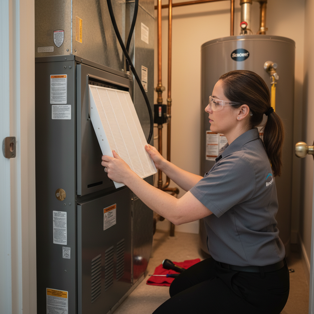 Boost My Air technician installing a new air filter in an indoor HVAC system in Grand Prairie, TX.