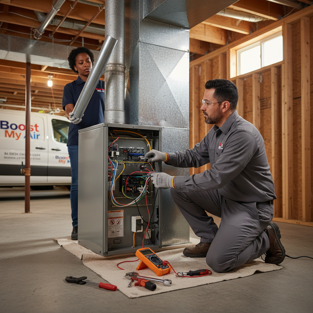 Boost My Air technician installing a new, energy-efficient furnace in a DFW metroplex basement.