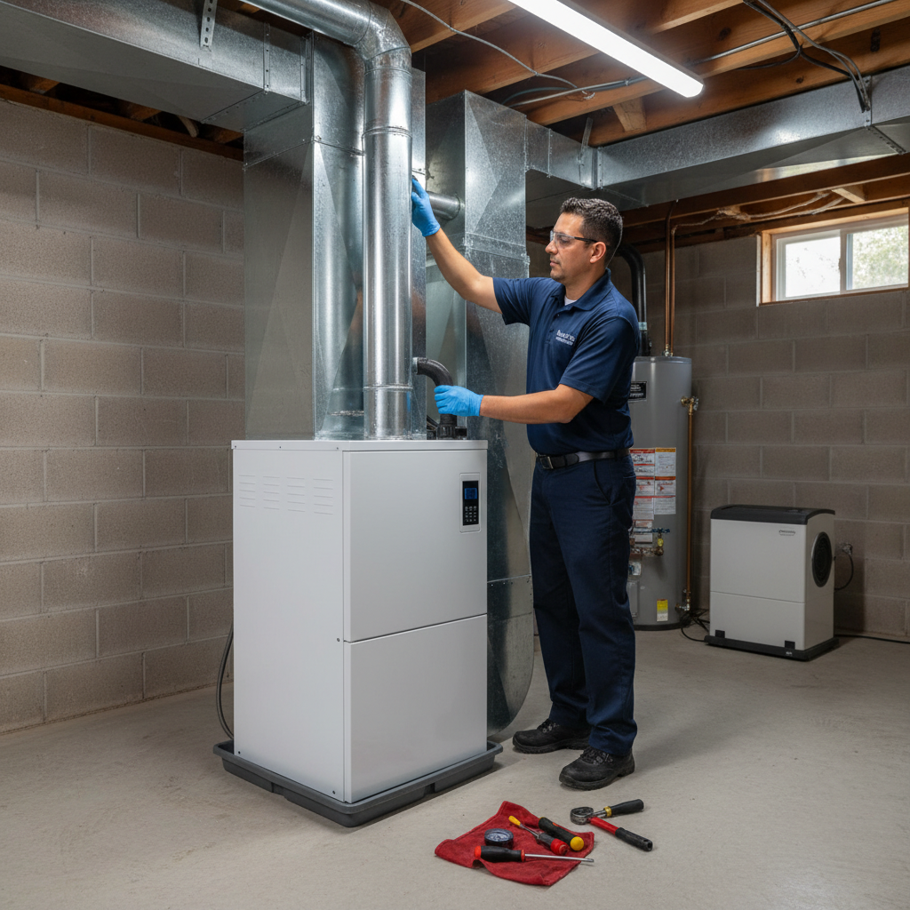 Boost My Air technician installing a new furnace in a DFW metroplex, TX residential basement.