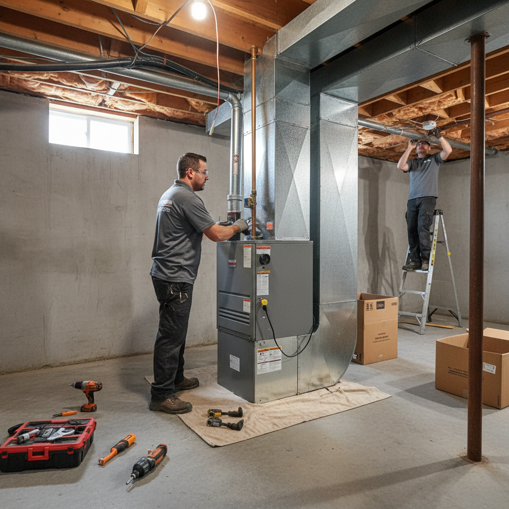 Boost My Air technician installing a new furnace in a DFW metroplex, TX basement.