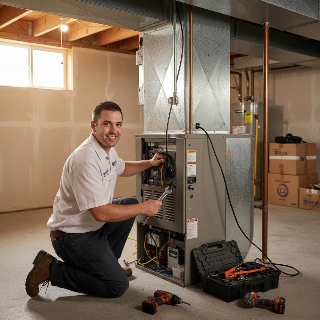 Boost My Air technician installing a new furnace in a DFW metroplex, TX residential basement.