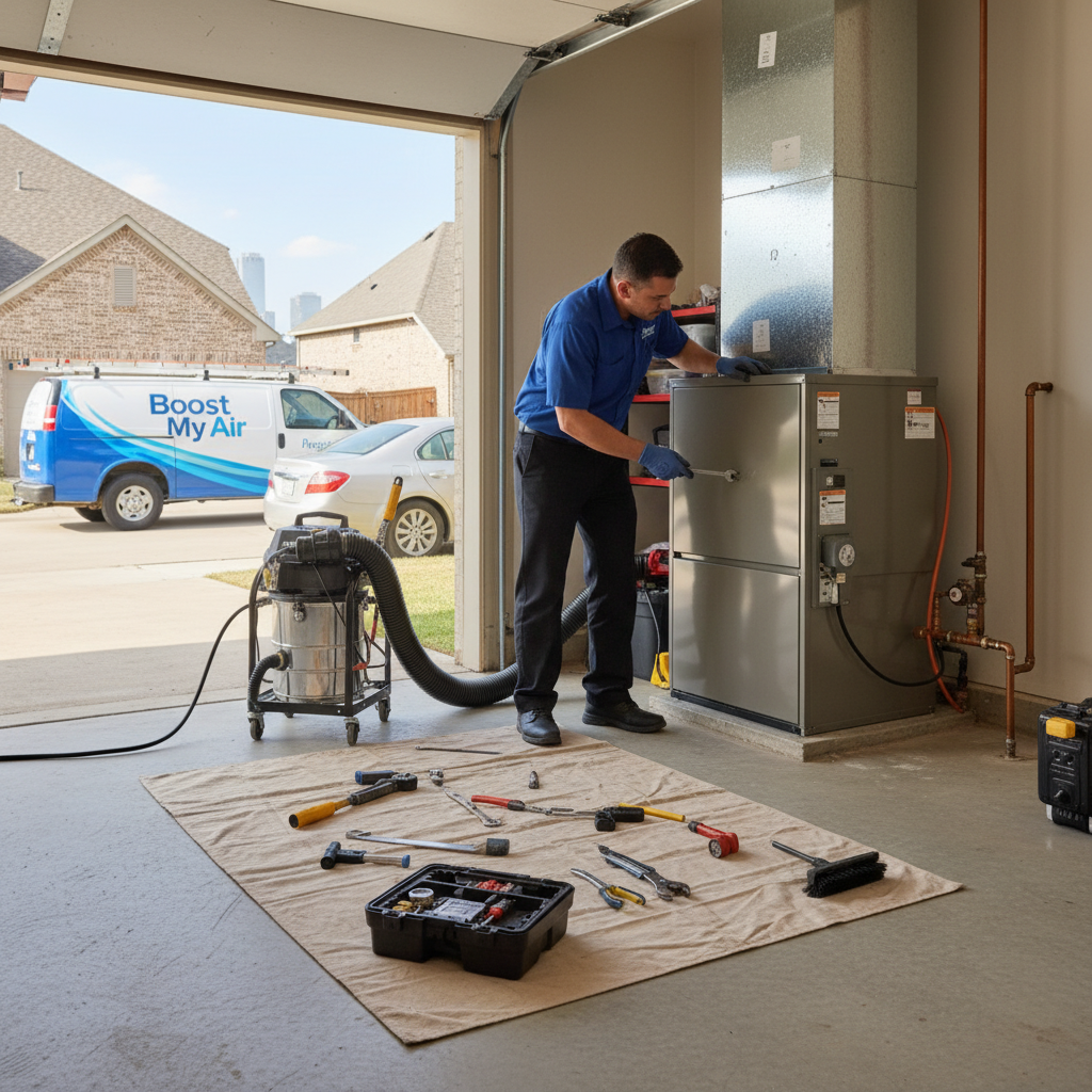 Boost My Air technician installing a new furnace in a Grand Prairie, TX residence, ensuring reliable heating.