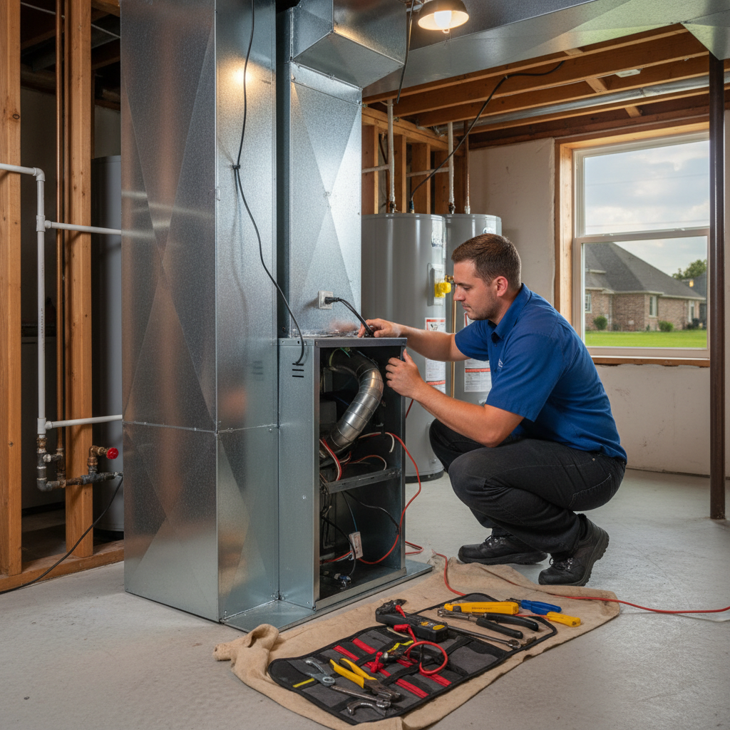 Boost My Air technician installing a new furnace in a Grand Prairie, TX home.