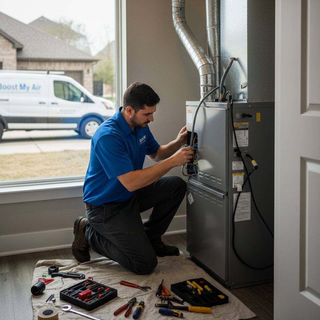 Boost My Air technician installing a new furnace in a residential home in the DFW metroplex.