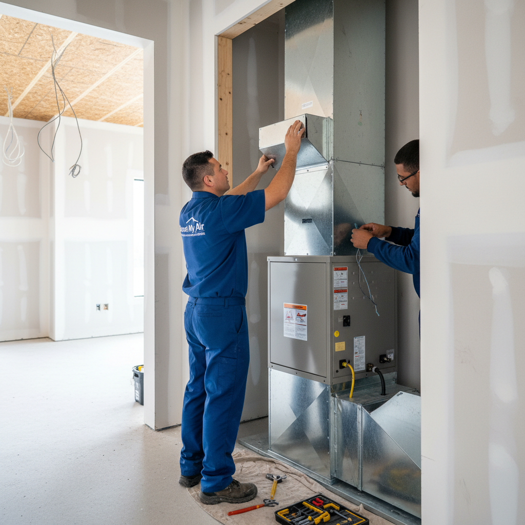 Boost My Air technician installing a new indoor HVAC unit in a residential building in Grand Prairie, TX.