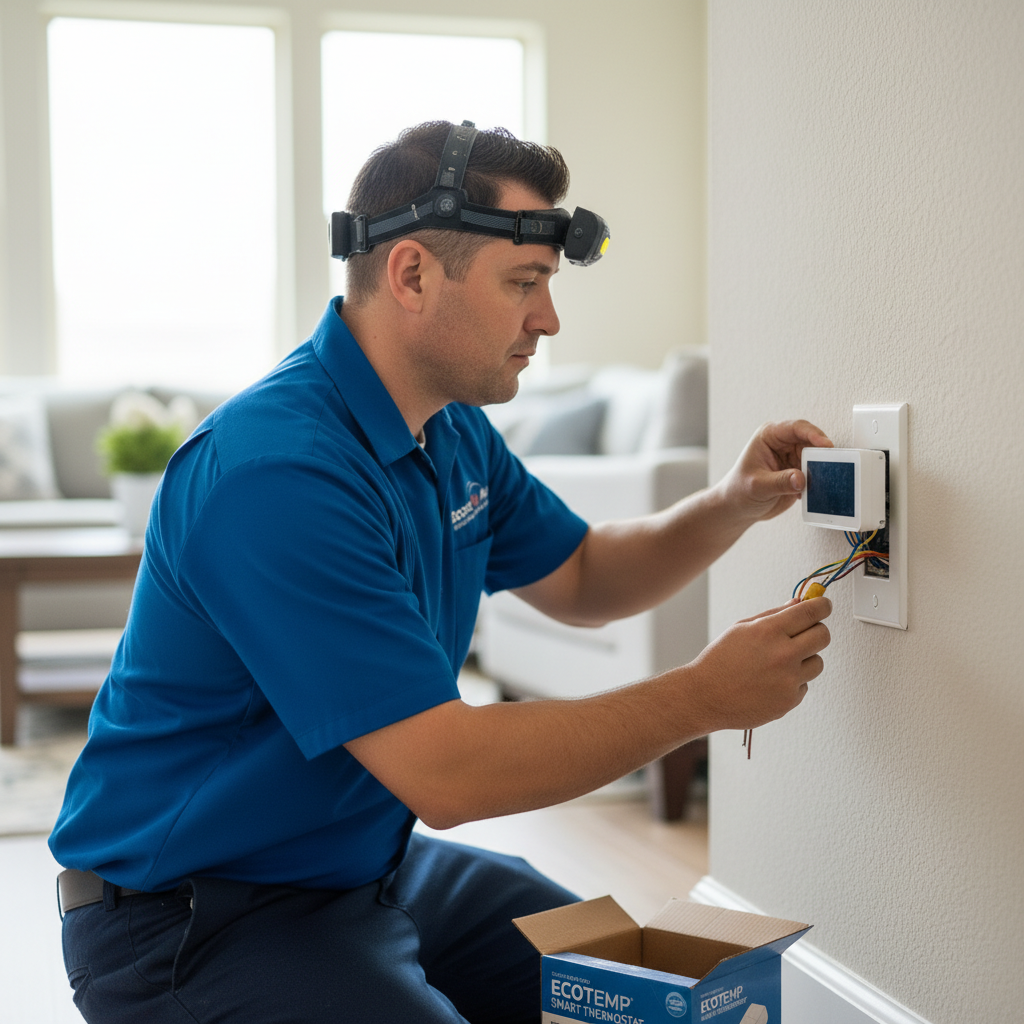 Boost My Air technician installing a new thermostat, ensuring optimal climate control in a DFW metroplex home.