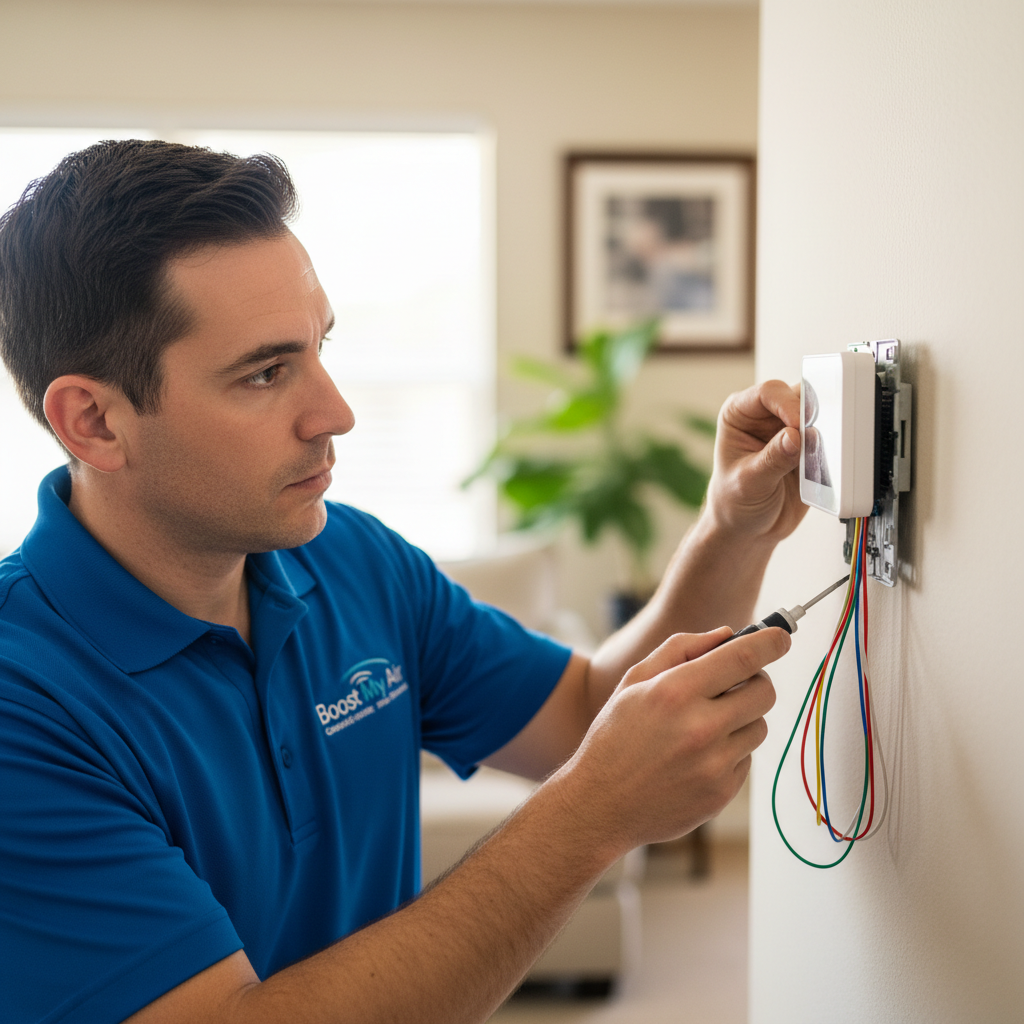 Boost My Air technician installing a new thermostat for HVAC system in a Grand Prairie, TX home.