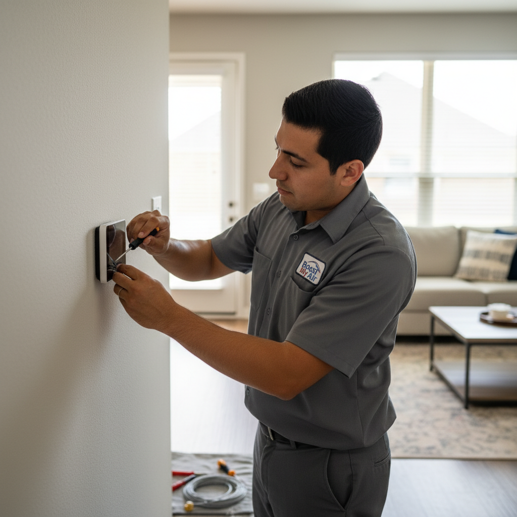 Boost My Air technician installing a new thermostat in a modern Grand Prairie, TX living room.