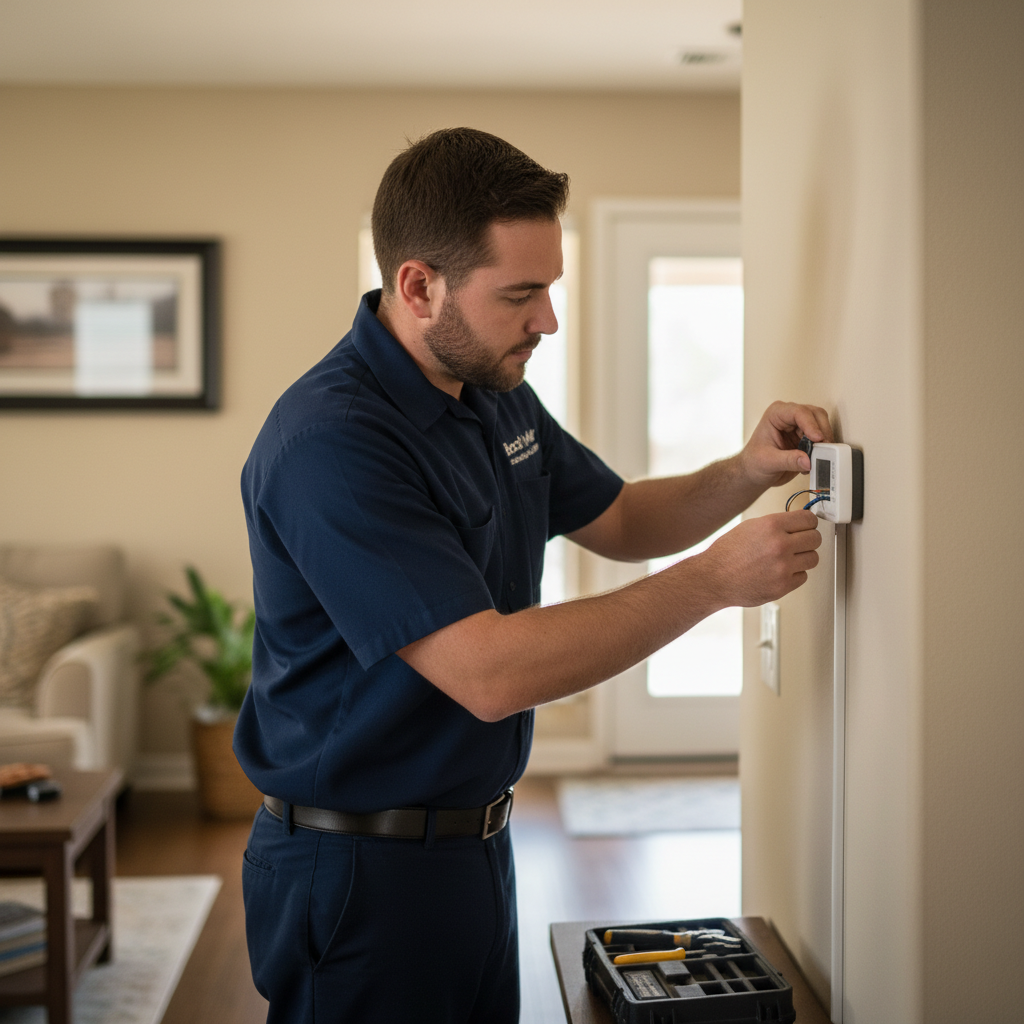 Boost My Air technician installing a new thermostat in a residential home in the DFW metroplex, TX.