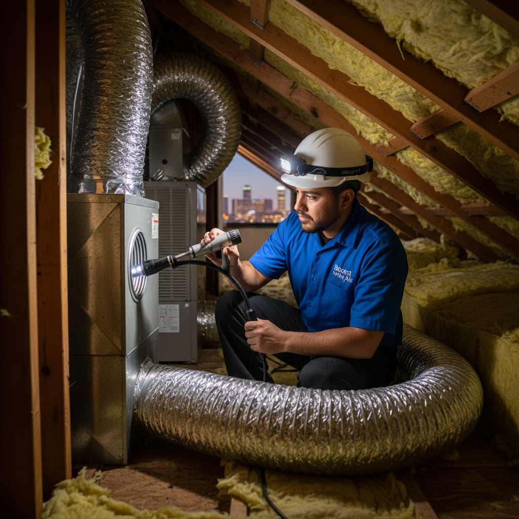 Boost My Air technician performing a detailed air duct inspection in a Grand Prairie, TX home.