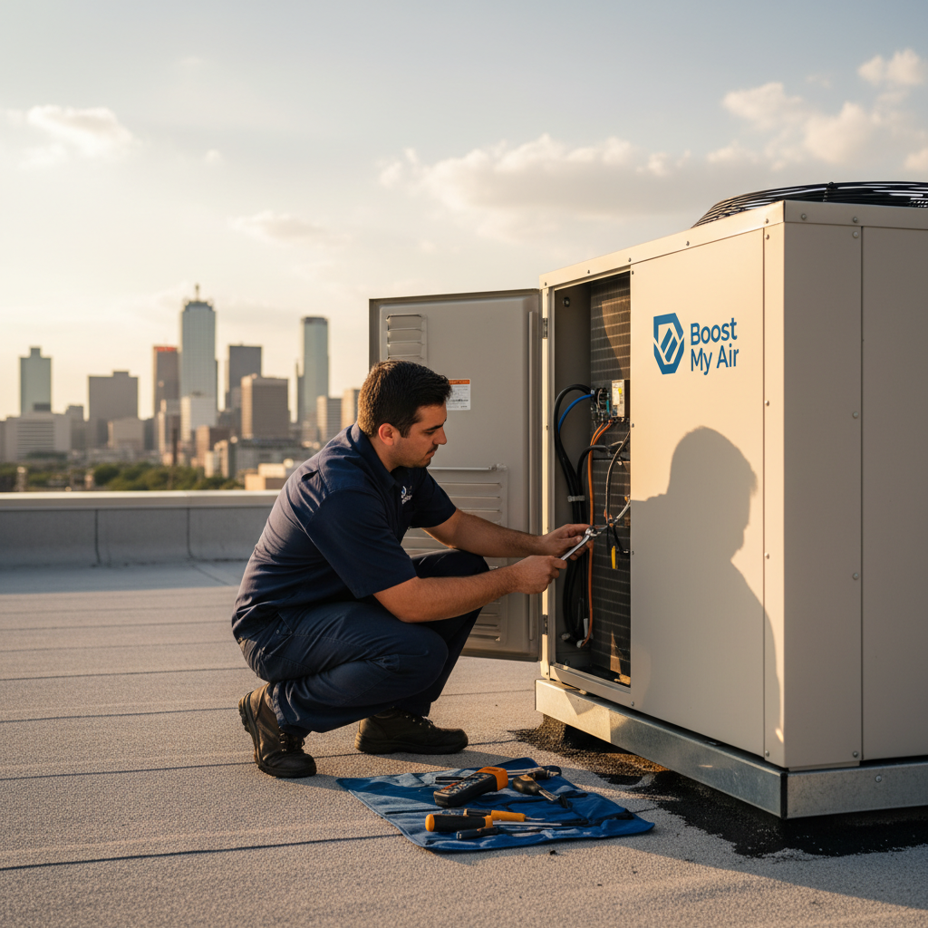 Boost My Air technician performing AC maintenance on a rooftop unit in the DFW metroplex, TX.