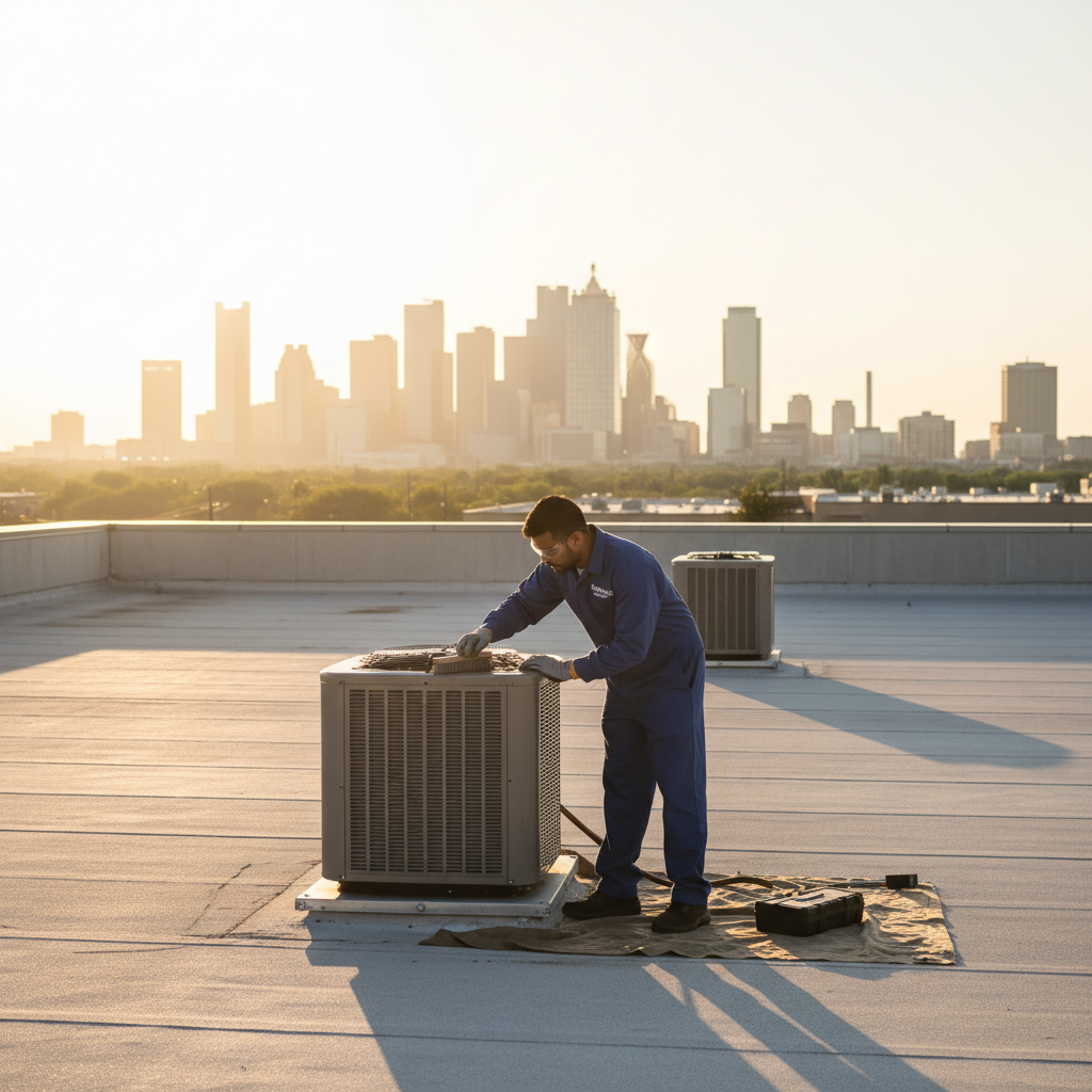 Boost My Air technician performing AC maintenance on a rooftop unit in Grand Prairie, DFW metroplex.