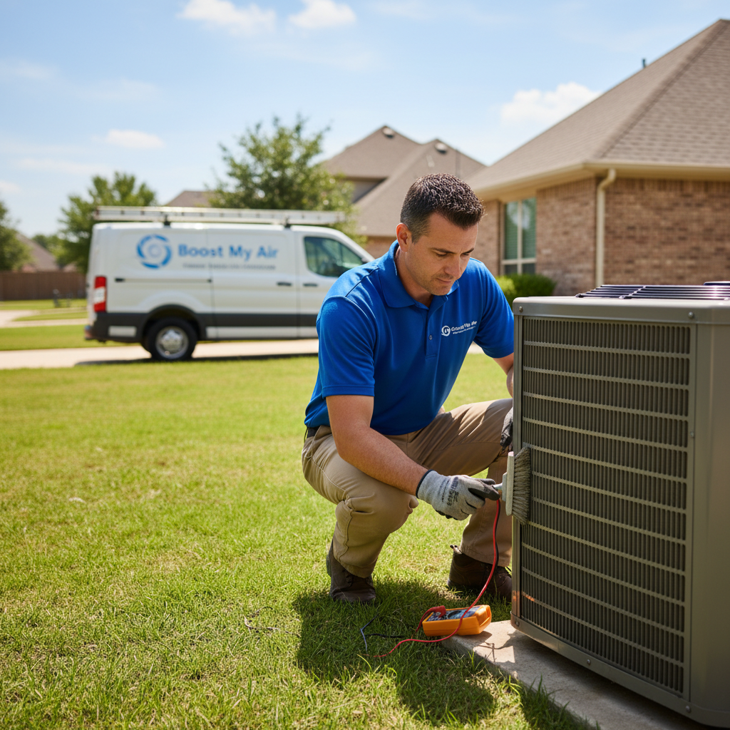 Boost My Air technician performing AC maintenance on an outdoor unit in the DFW metroplex, TX.