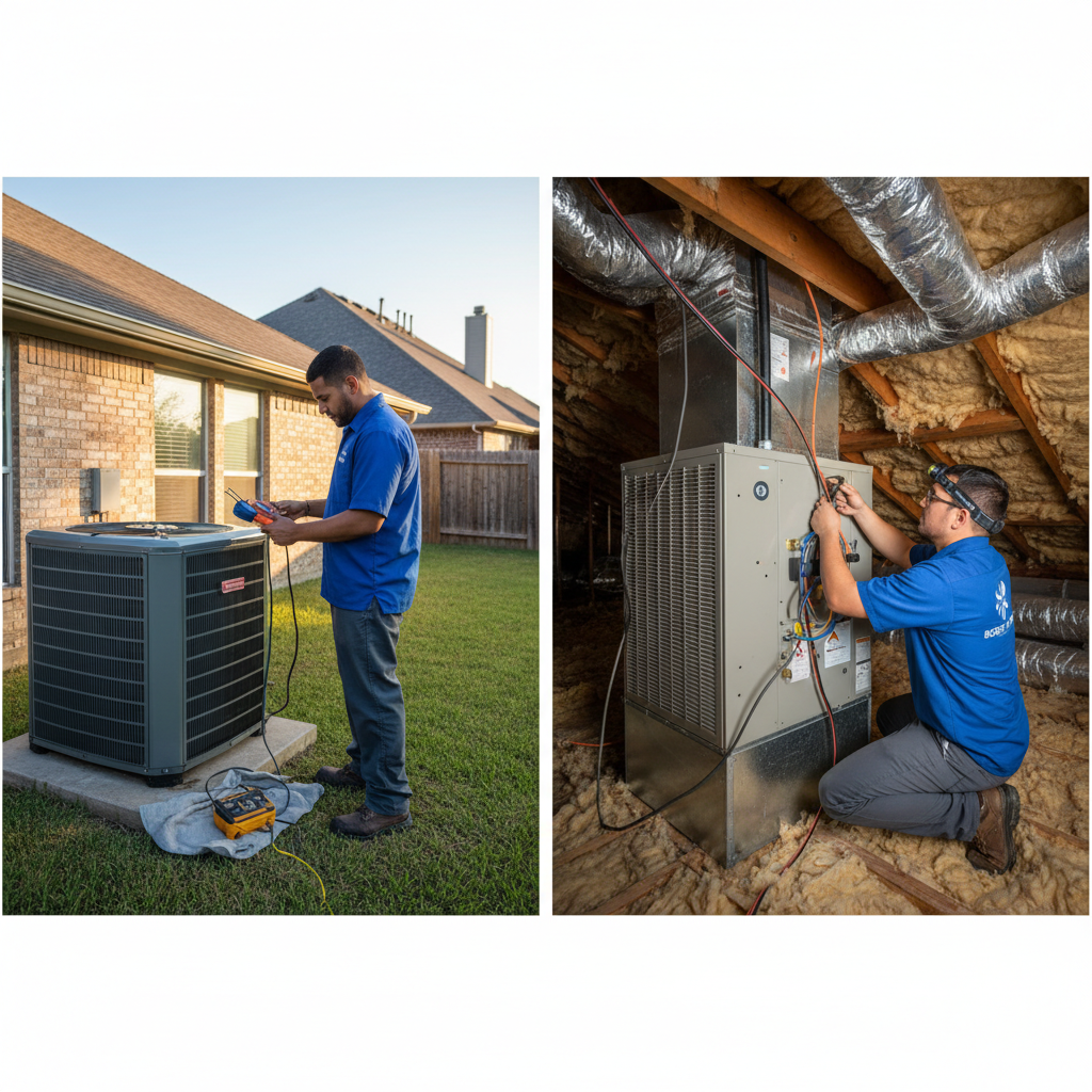 Boost My Air technician performing AC repair service in a Grand Prairie, TX home.