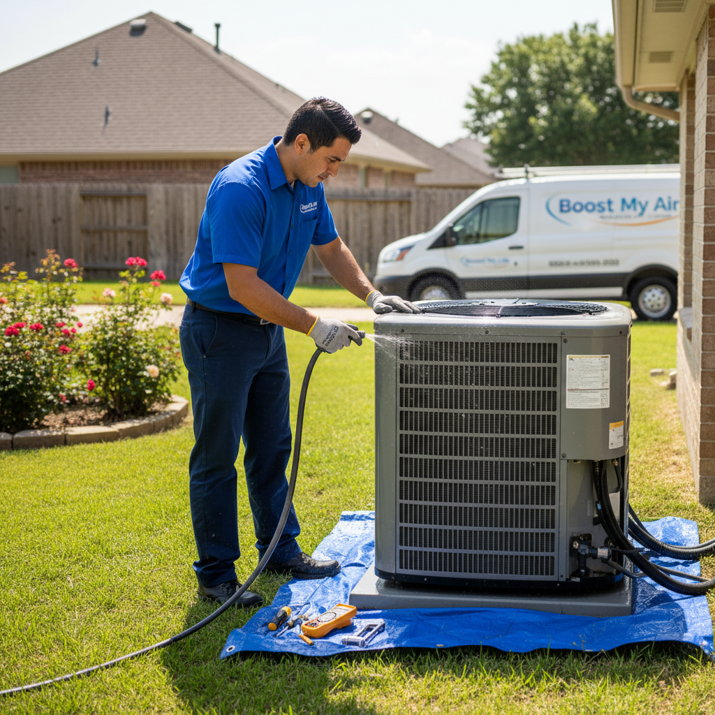 Boost My Air technician performing AC unit maintenance at a residence in Grand Prairie, TX.