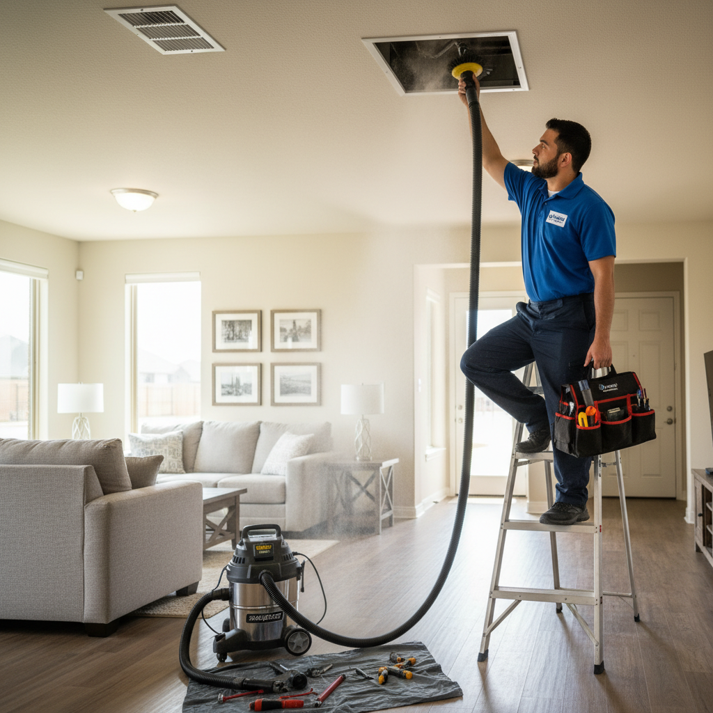 Boost My Air technician performing air duct cleaning in a home in DFW metroplex, TX.