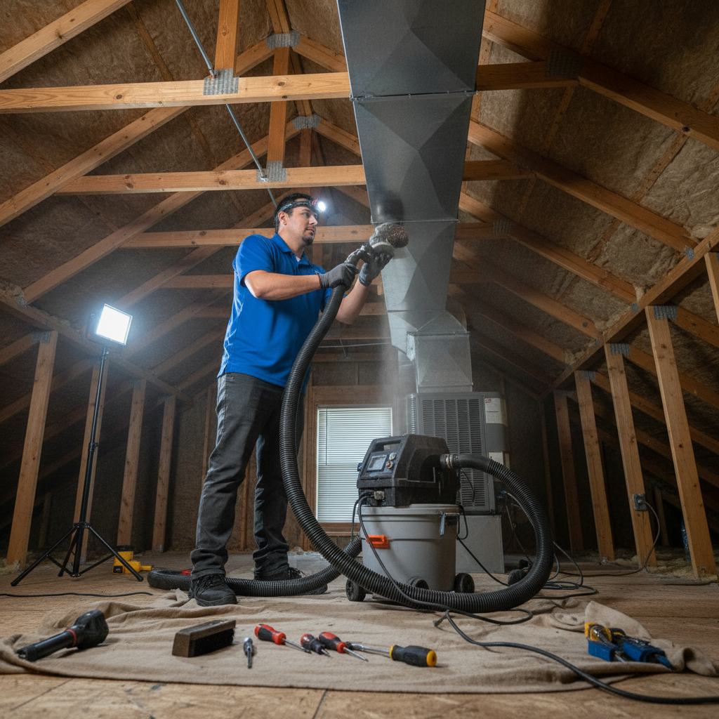 Boost My Air technician performing air duct cleaning inside a Grand Prairie, TX home for improved air quality.