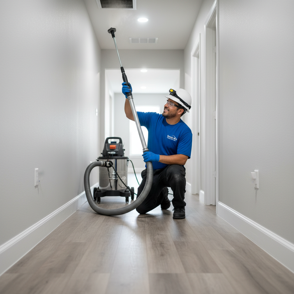 Boost My Air technician performing air duct cleaning inside a Grand Prairie, TX home.