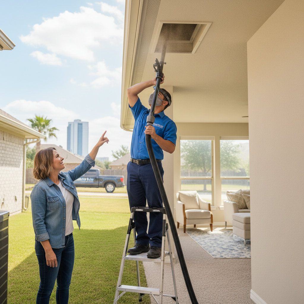 Boost My Air technician performing air duct cleaning inside a Grand Prairie, TX home.