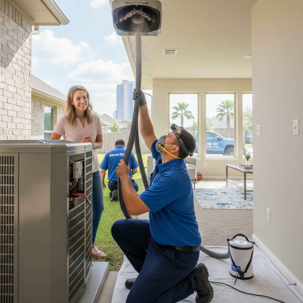 Boost My Air technician performing air duct cleaning inside a home in DFW metroplex, TX.