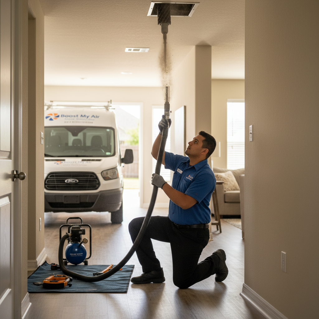 Boost My Air technician performing air duct cleaning service inside a Grand Prairie, TX home.