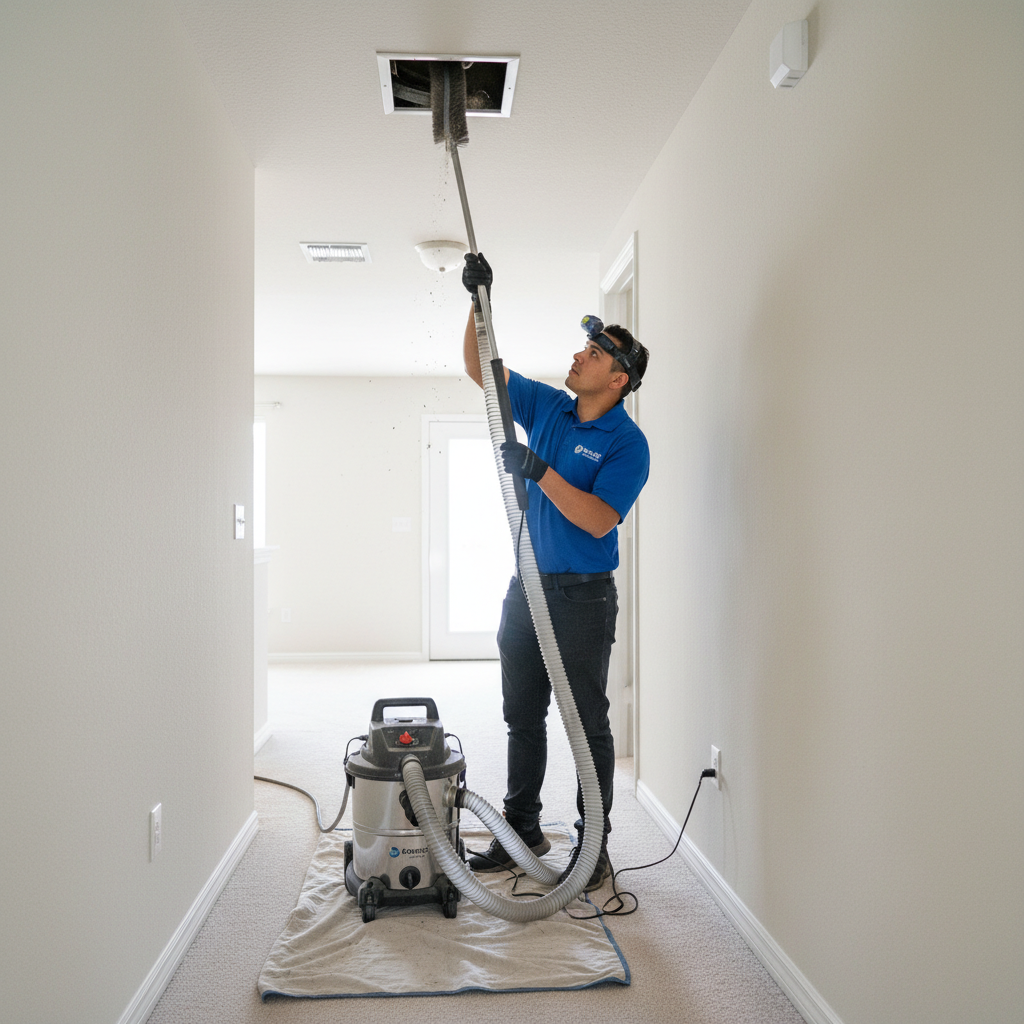 Boost My Air technician performing air duct cleaning service inside a home in the DFW metroplex, TX.