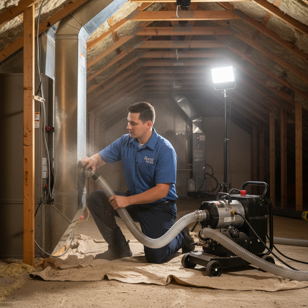 Boost My Air technician performing air duct cleaning service inside a Grand Prairie, TX home.