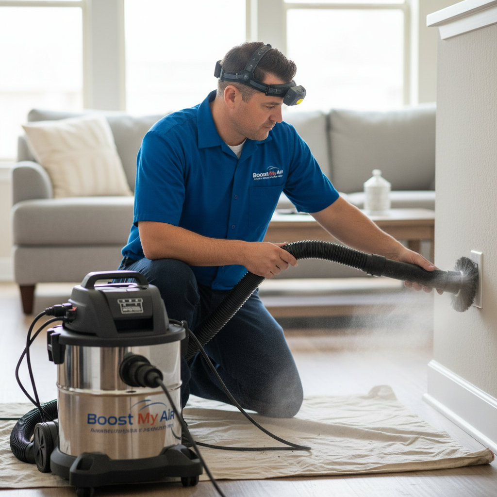 Boost My Air technician performing air duct cleaning service inside a home in Grand Prairie, TX.