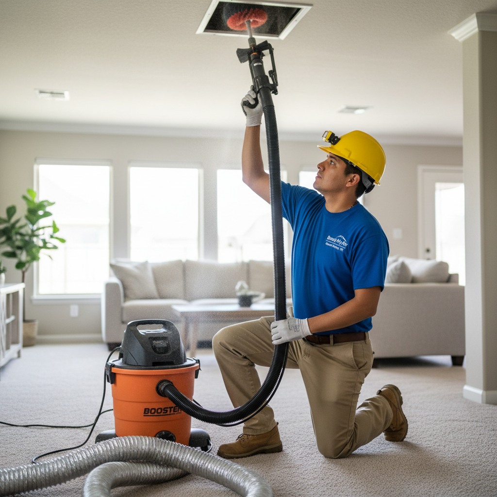 Boost My Air technician performing air duct cleaning service in a DFW metroplex home.