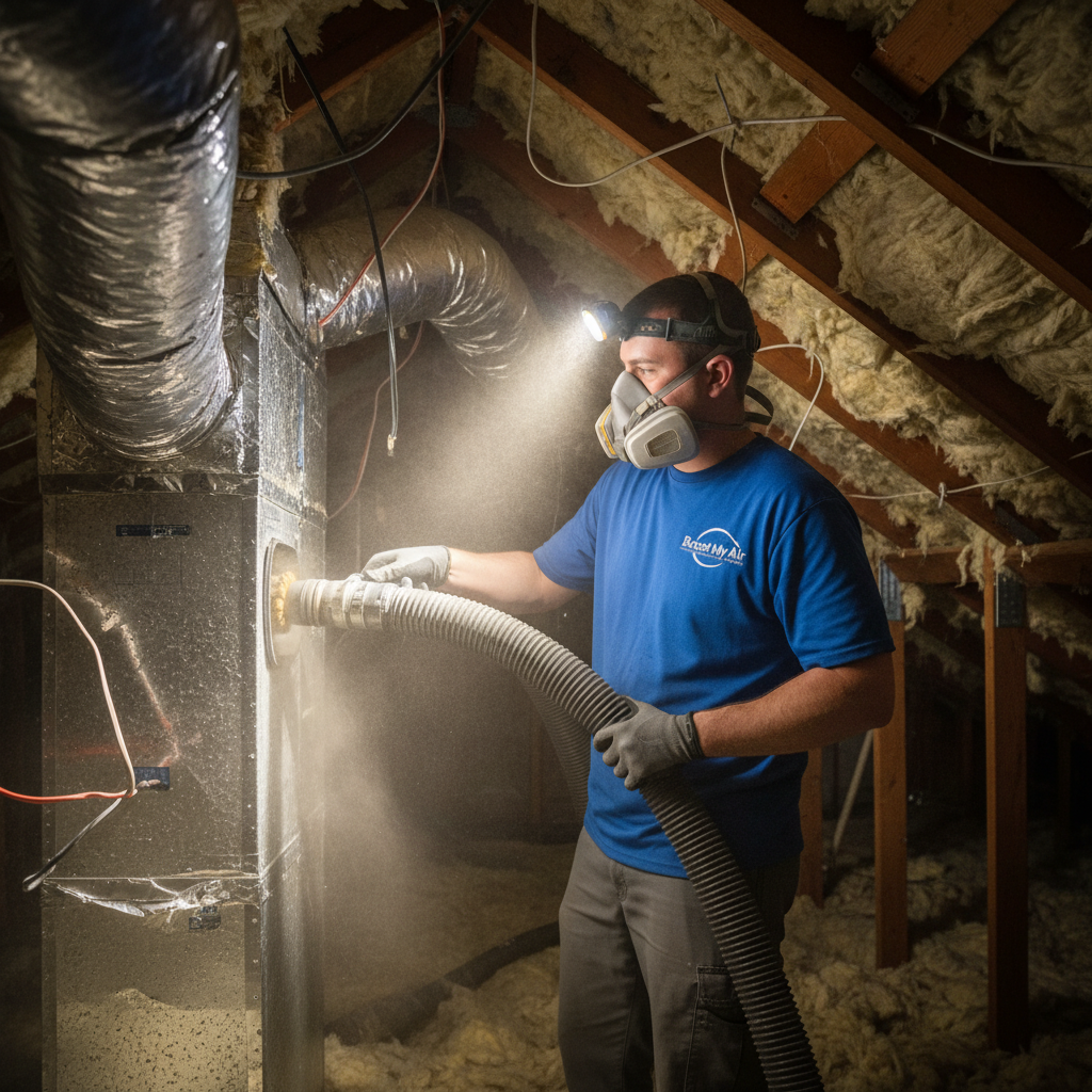 Boost My Air technician performing air duct cleaning service inside a DFW metroplex residential attic.