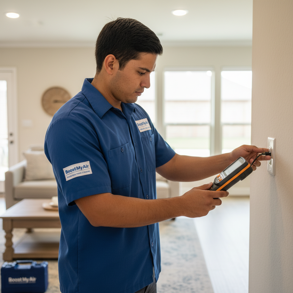 Boost My Air technician performing air quality inspection inside a home in DFW metroplex, TX.