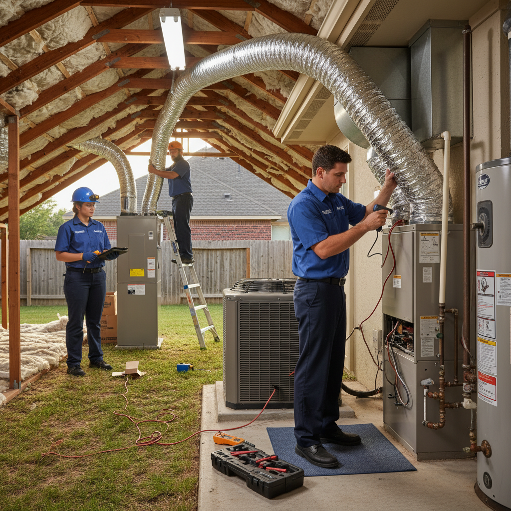 Boost My Air technician performing an AC repair on a residential unit in Grand Prairie, TX.