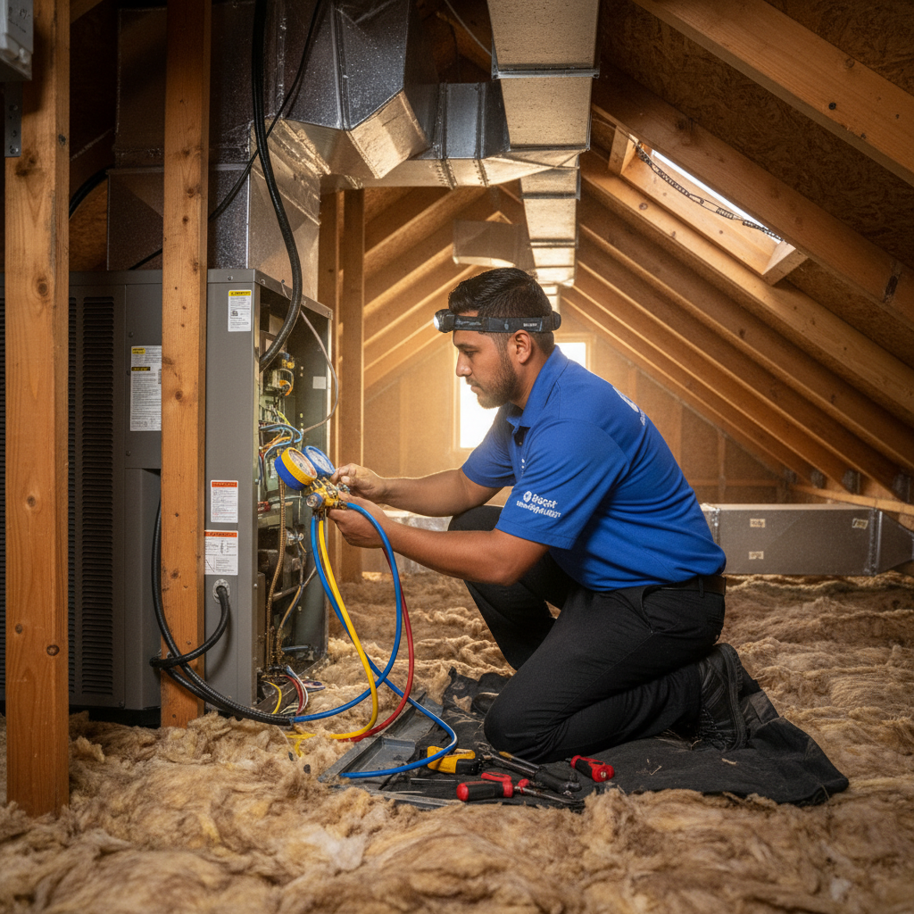Boost My Air technician performing an AC repair on an indoor unit in a DFW metroplex home.