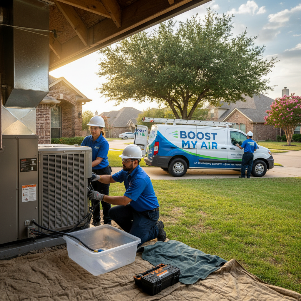 Boost My Air technician performing an AC repair on an outdoor unit in a Grand Prairie, TX home.