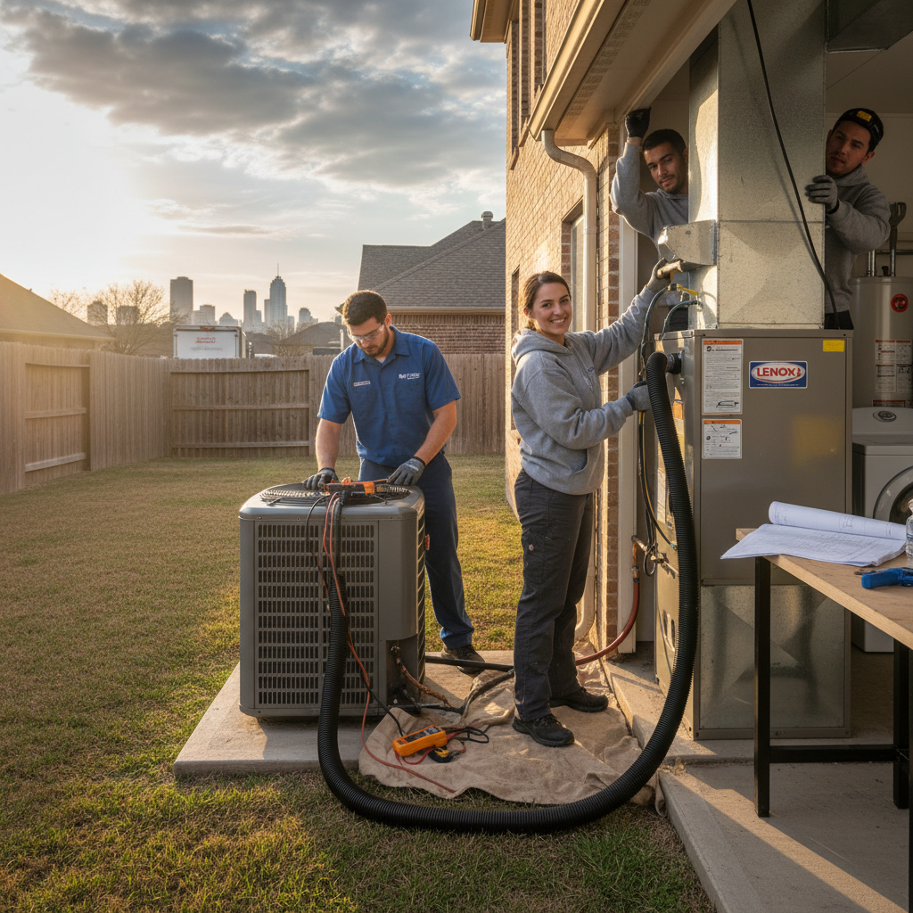 Boost My Air technician performing an AC repair on an outdoor unit in Grand Prairie, TX.