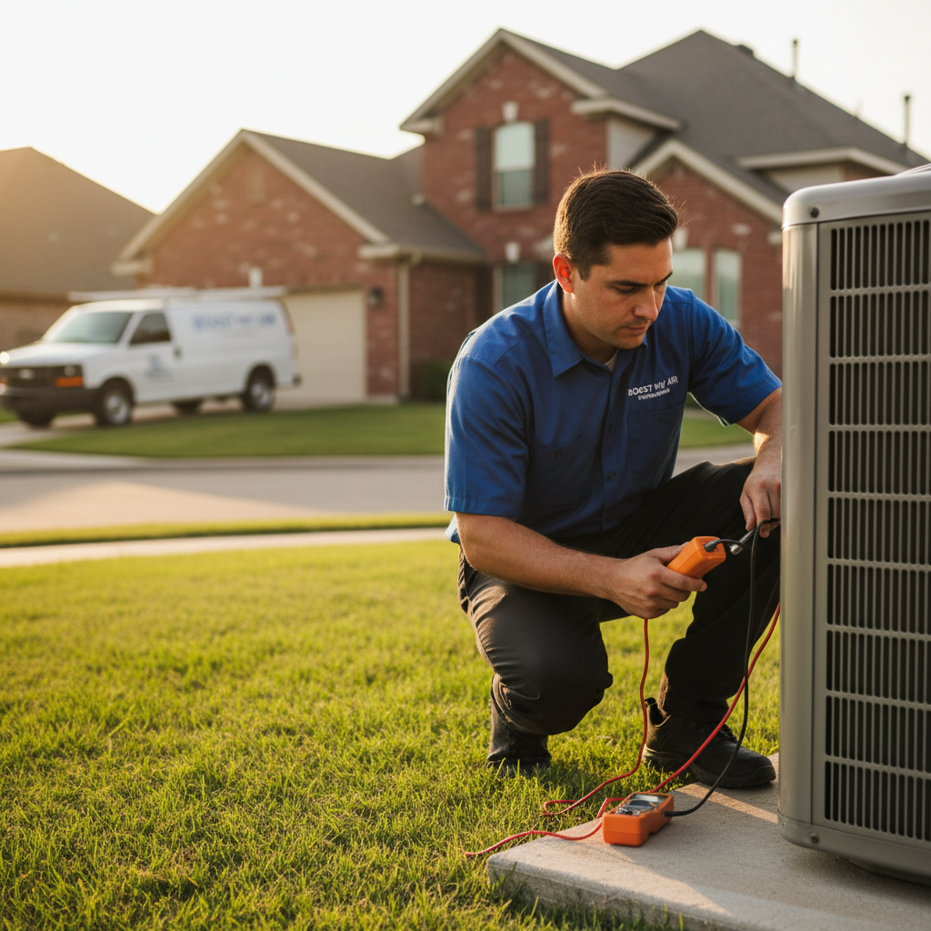 Boost My Air technician performing an AC repair service in a Grand Prairie, TX home.