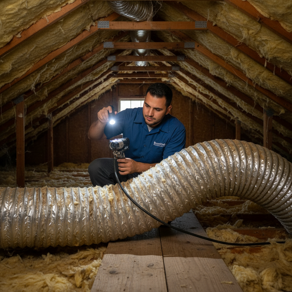 Boost My Air technician performing an air duct inspection inside a home in Grand Prairie, TX.