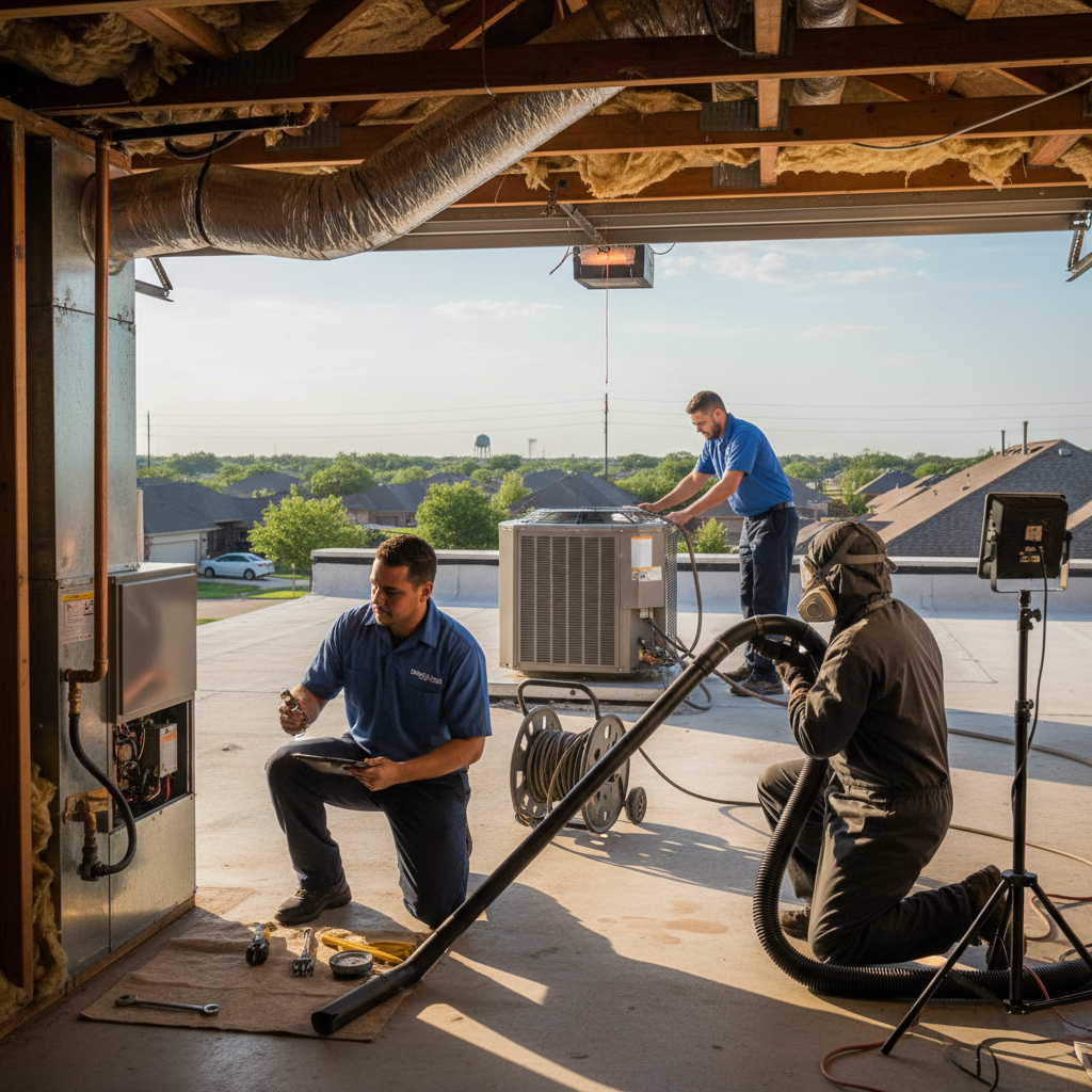 Boost My Air technician performing an HVAC inspection in a Grand Prairie, TX home.
