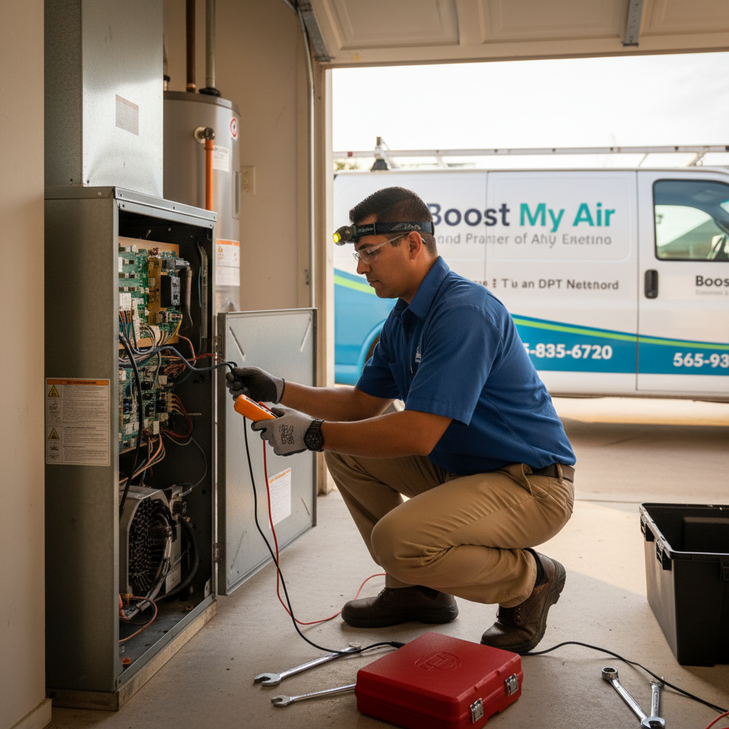 Boost My Air technician performing an HVAC repair on a residential furnace in Grand Prairie, TX.