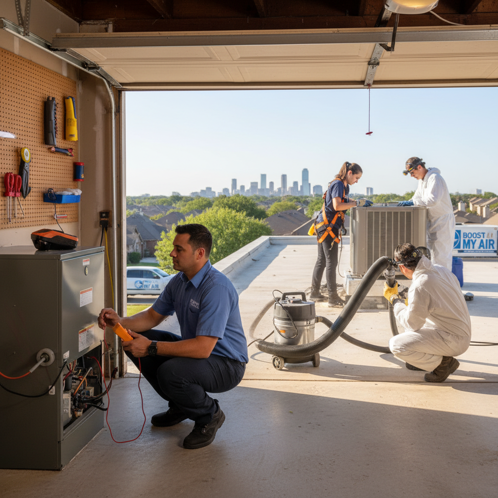 Boost My Air technician performing an HVAC system diagnostic in a Grand Prairie, TX home.