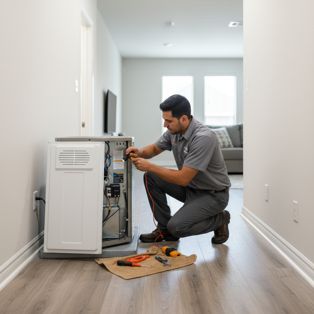 Boost My Air technician performing an indoor AC repair for a residential client in the DFW metroplex.
