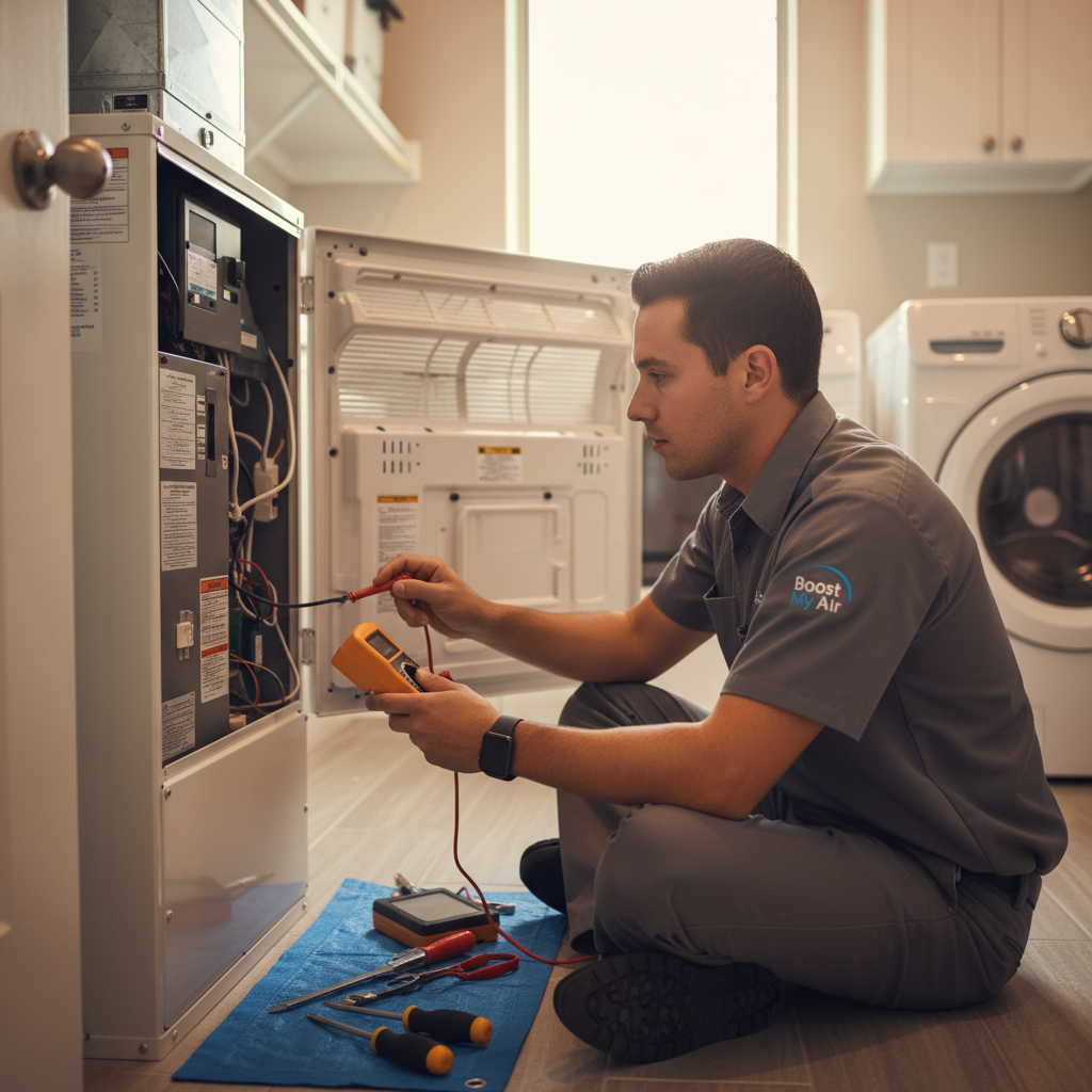 Boost My Air technician performing an indoor AC repair in a modern Grand Prairie, DFW metroplex home.
