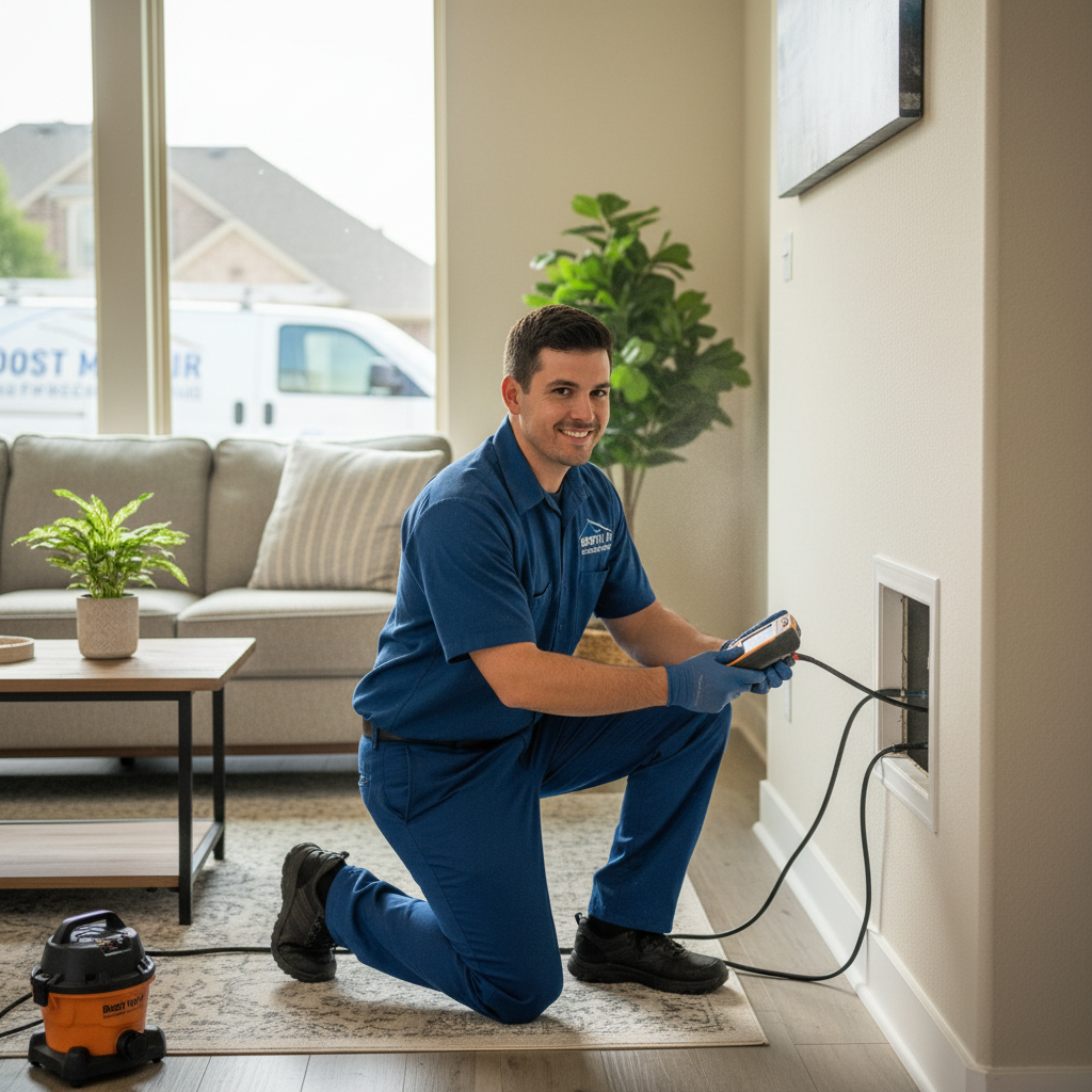 Boost My Air technician performing an indoor air quality check in a Grand Prairie, TX home.