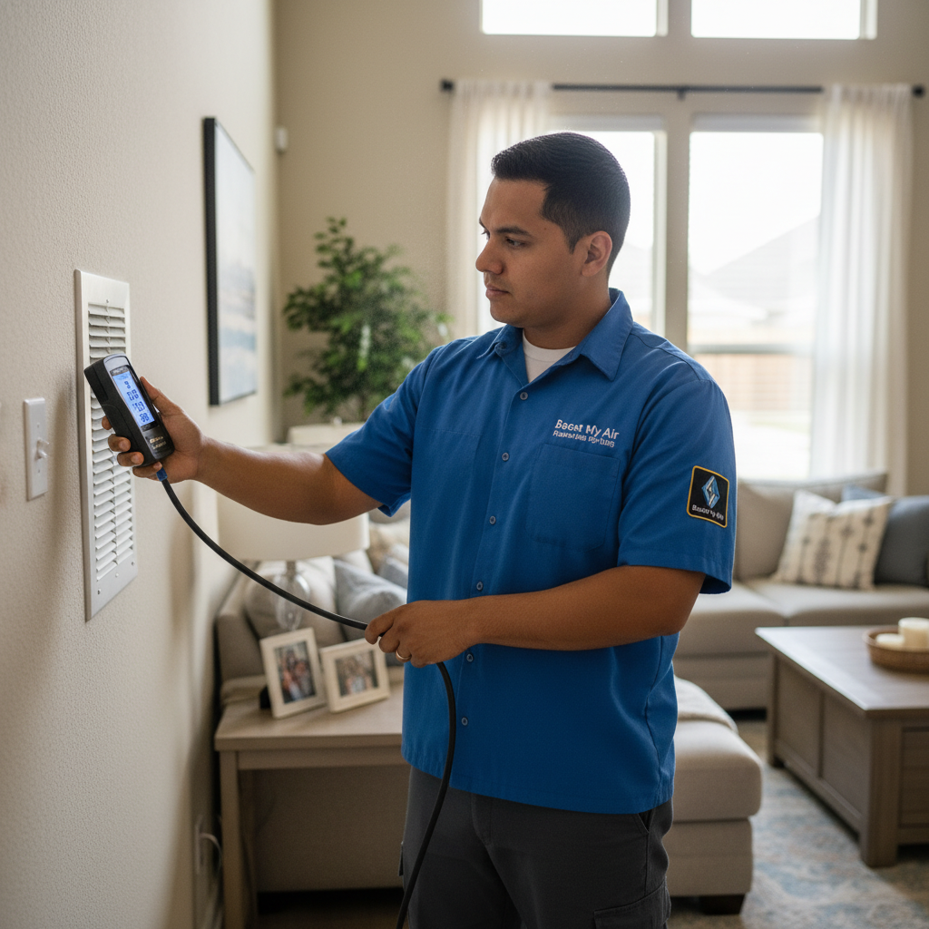 Boost My Air technician performing an indoor air quality check in a DFW metroplex home.