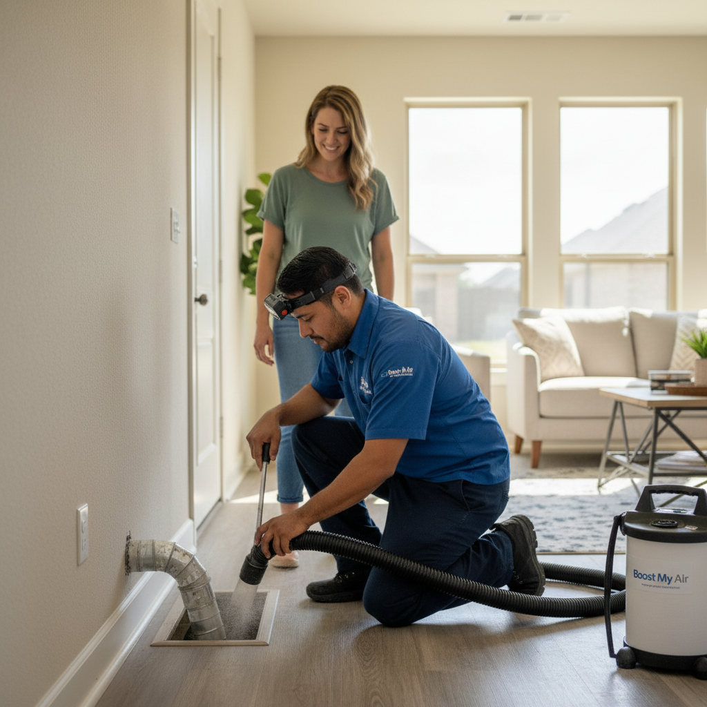 Boost My Air technician performing detailed air duct cleaning in a modern Grand Prairie, TX home.
