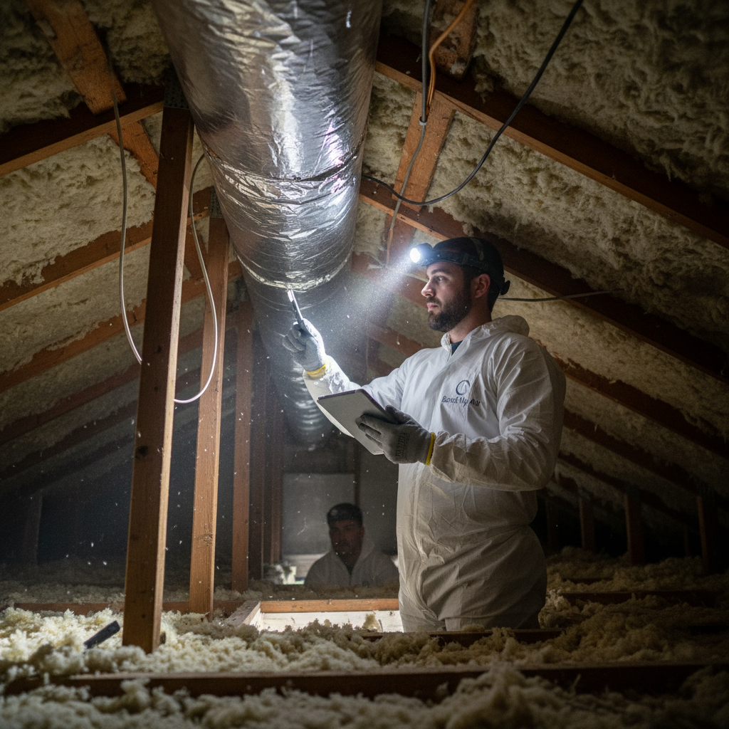 Boost My Air technician performing ductwork inspection in an attic in the DFW metroplex, TX.