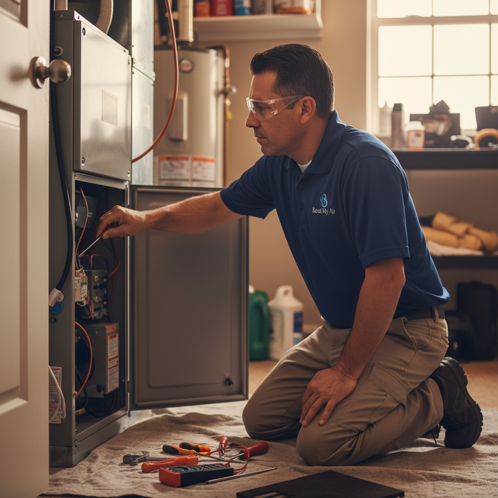 Boost My Air technician performing heating and cooling system maintenance in a DFW metroplex home.