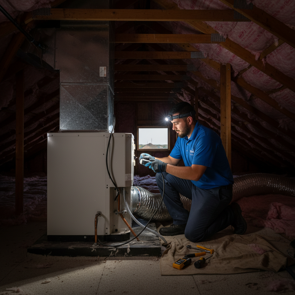 Boost My Air technician performing HVAC maintenance in a DFW metroplex residential attic.