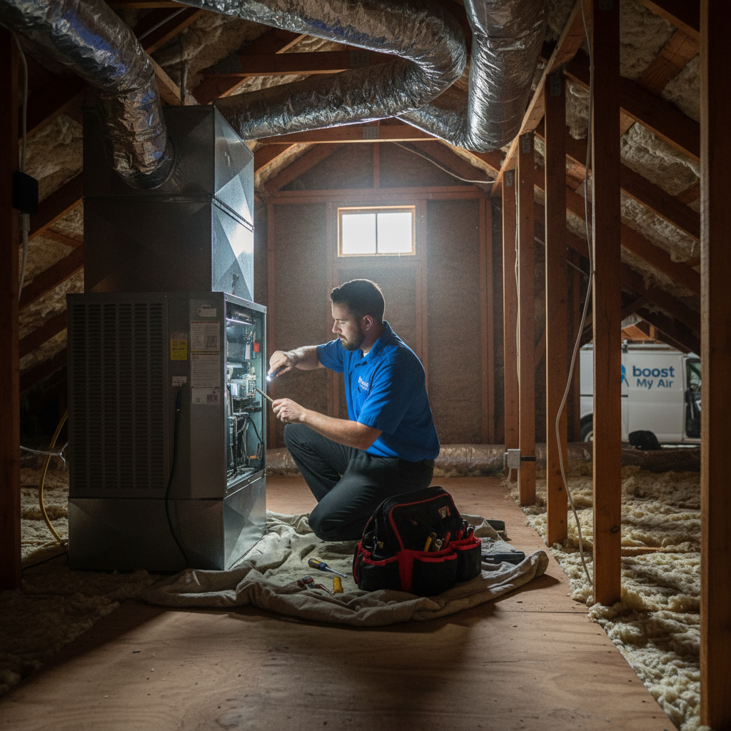 Boost My Air technician performing HVAC maintenance in a DFW metroplex residential attic.