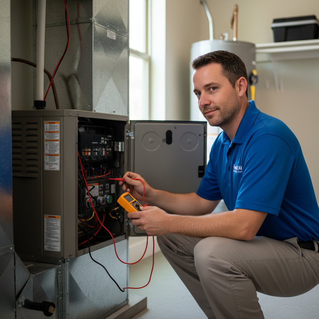 Boost My Air technician performing HVAC maintenance in a modern Grand Prairie, TX, DFW metroplex residence.